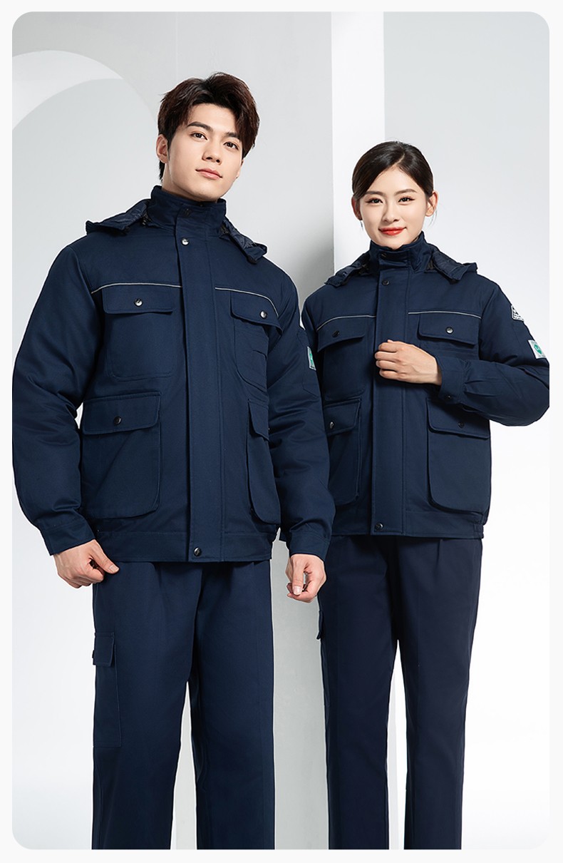 FJD8899 冬季纯棉防静电工作服棉衣定制加厚棉服加油站防寒棉袄大衣劳保服(图13)